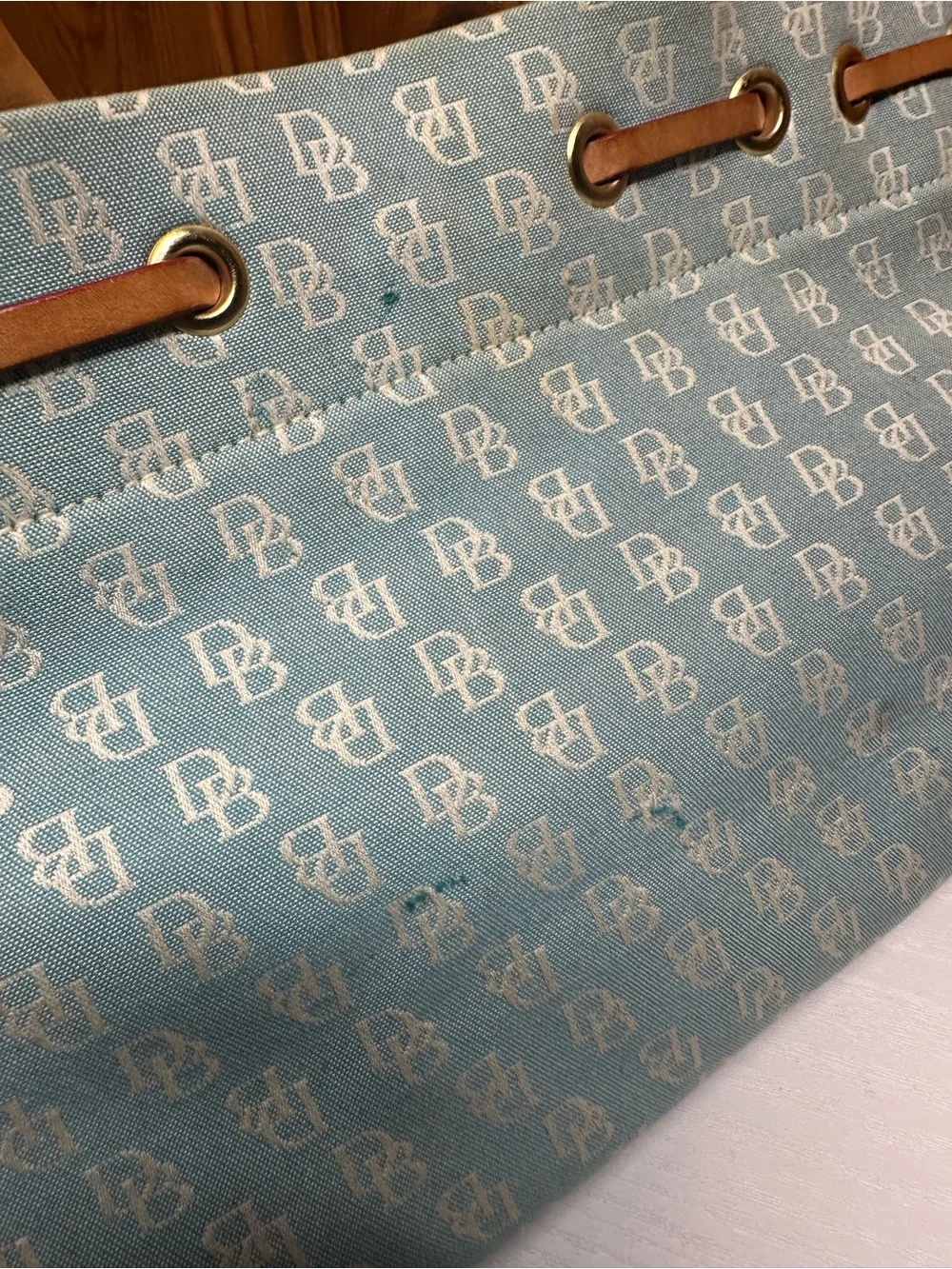 Dooney & Bourke Light Blue Monogram Drawstring Tote with Tan Trim